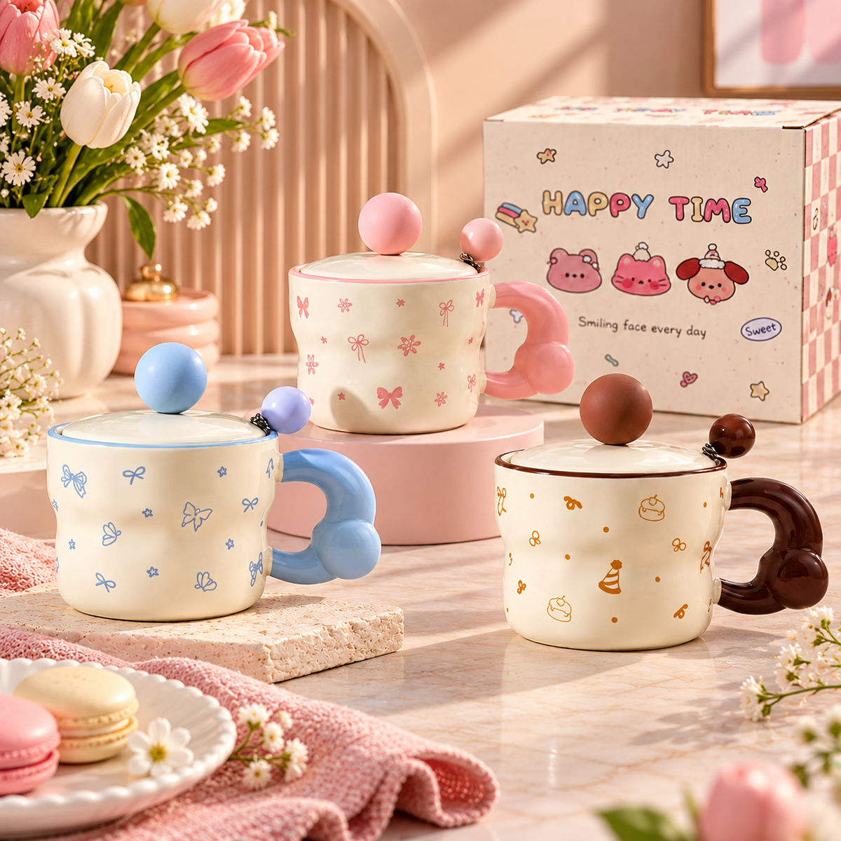 Cute Ceramic Coffee Mug with Lid – Available in Different Colours