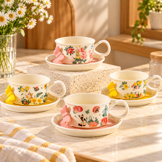 Floral Ceramic Tea Cup and Saucer | 1cup + 1saucer – Available in Different Colours