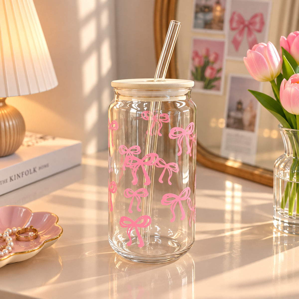 Pink Bow Glass Tumbler with Lid & Straw