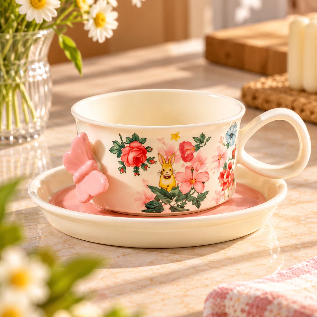 Floral Ceramic Tea Cup and Saucer | 1cup + 1saucer – Available in Different Colours