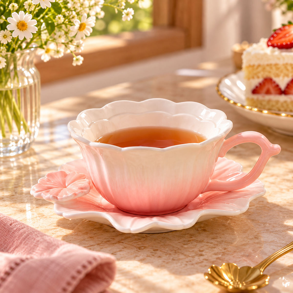 Flower Shaped Ceramic Tea Cup and Saucer – Different Colours | 1cup + 1saucer