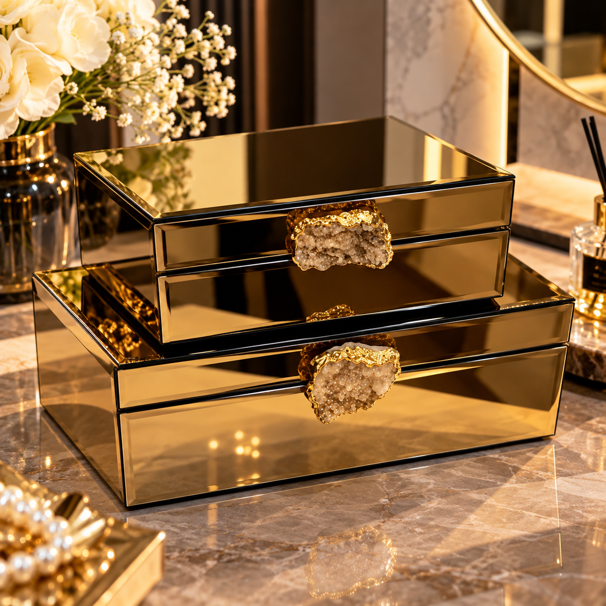 Black Gold Mirrored Jewellery Storage Box with Geode Handles