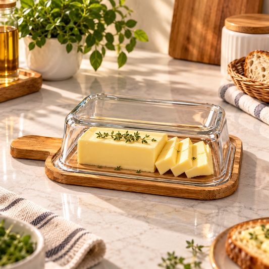 Trending Rectangular Glass Serving Dish with Wooden Tray & Lid