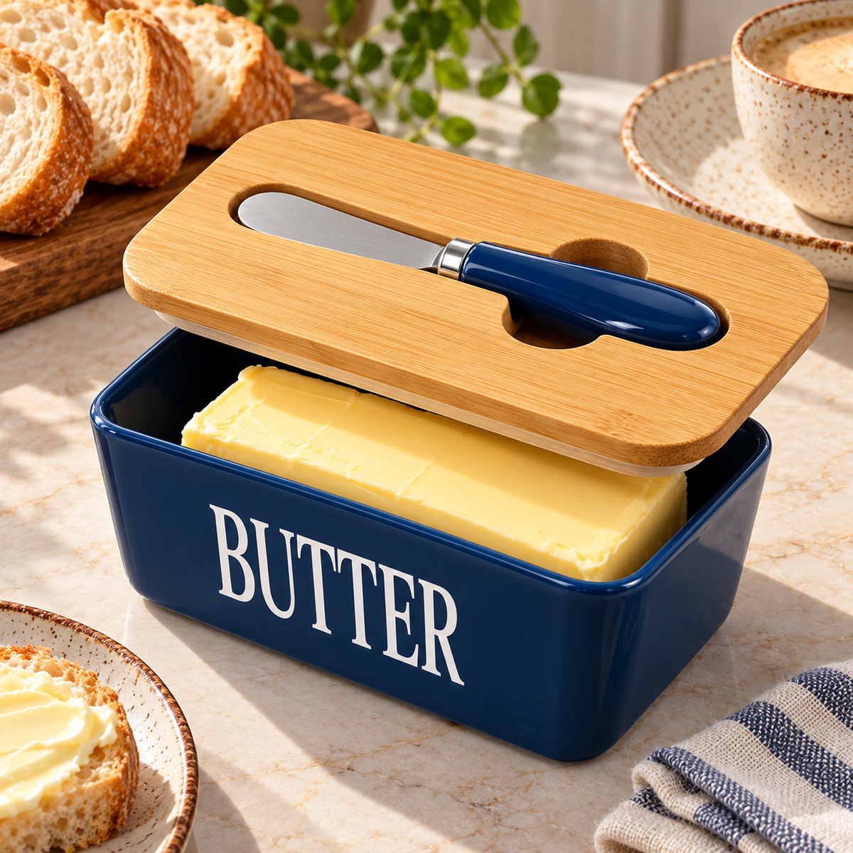Ceramic Butter Dish with Wooden Lid and Butter Knife
