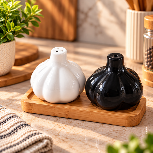 Onion Shape Salt & Pepper Shakers Set with Wooden Tray