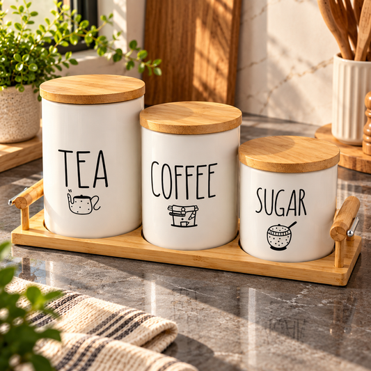 White Ceramic Tea, Coffee & Sugar Canister Set with Wooden Tray (Set of 3)