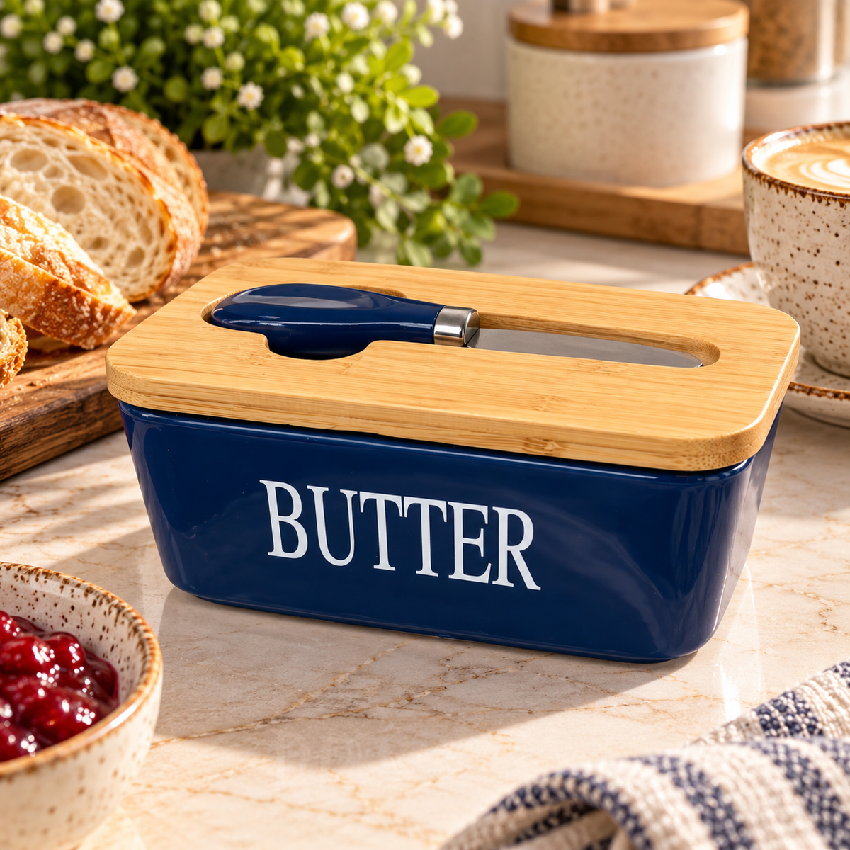 Ceramic Butter Dish with Wooden Lid and Butter Knife