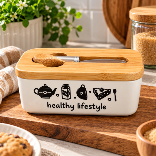 Ceramic Butter Dish with Wooden Lid & Spreader Knife