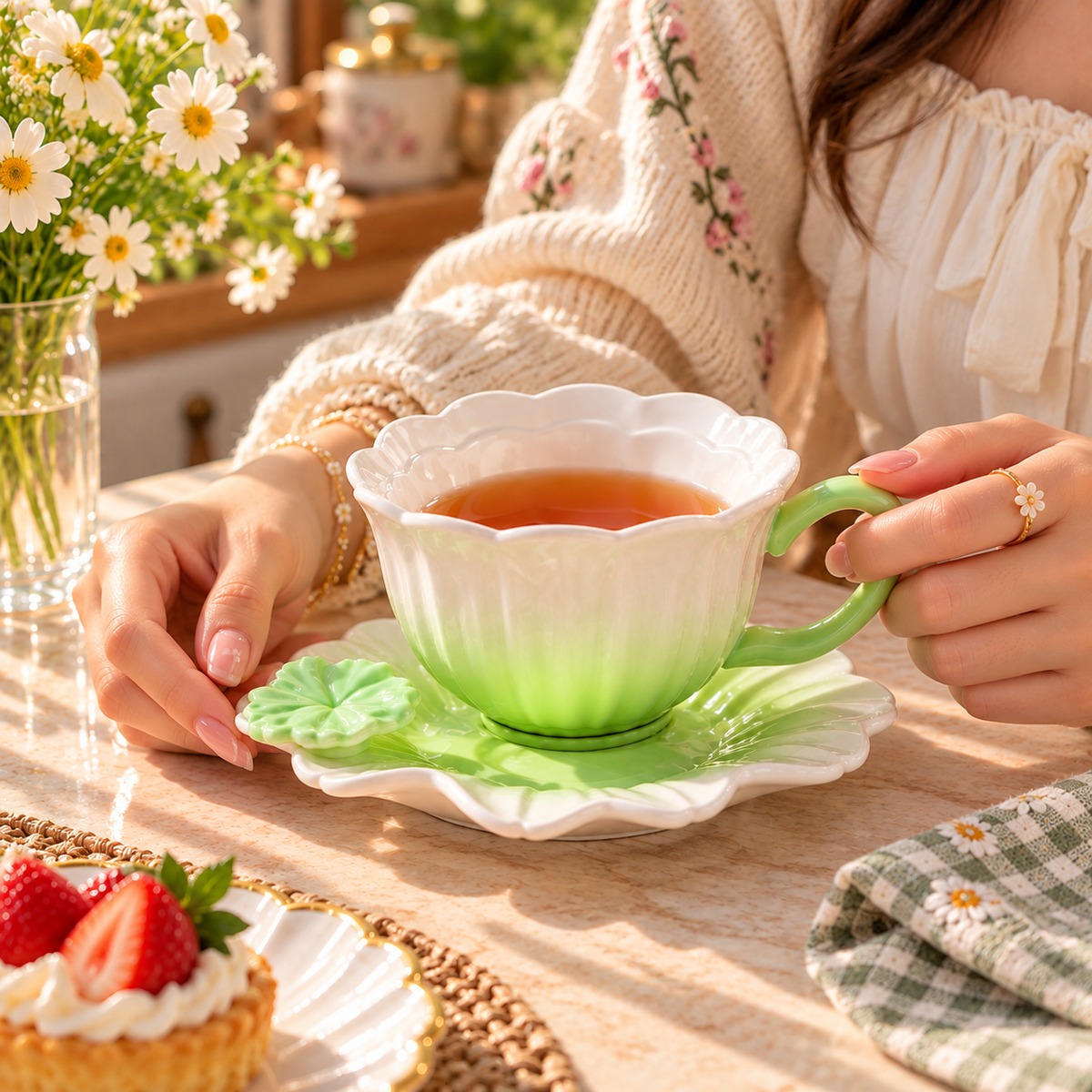 Flower Shaped Ceramic Tea Cup and Saucer – Different Colours | 1cup + 1saucer