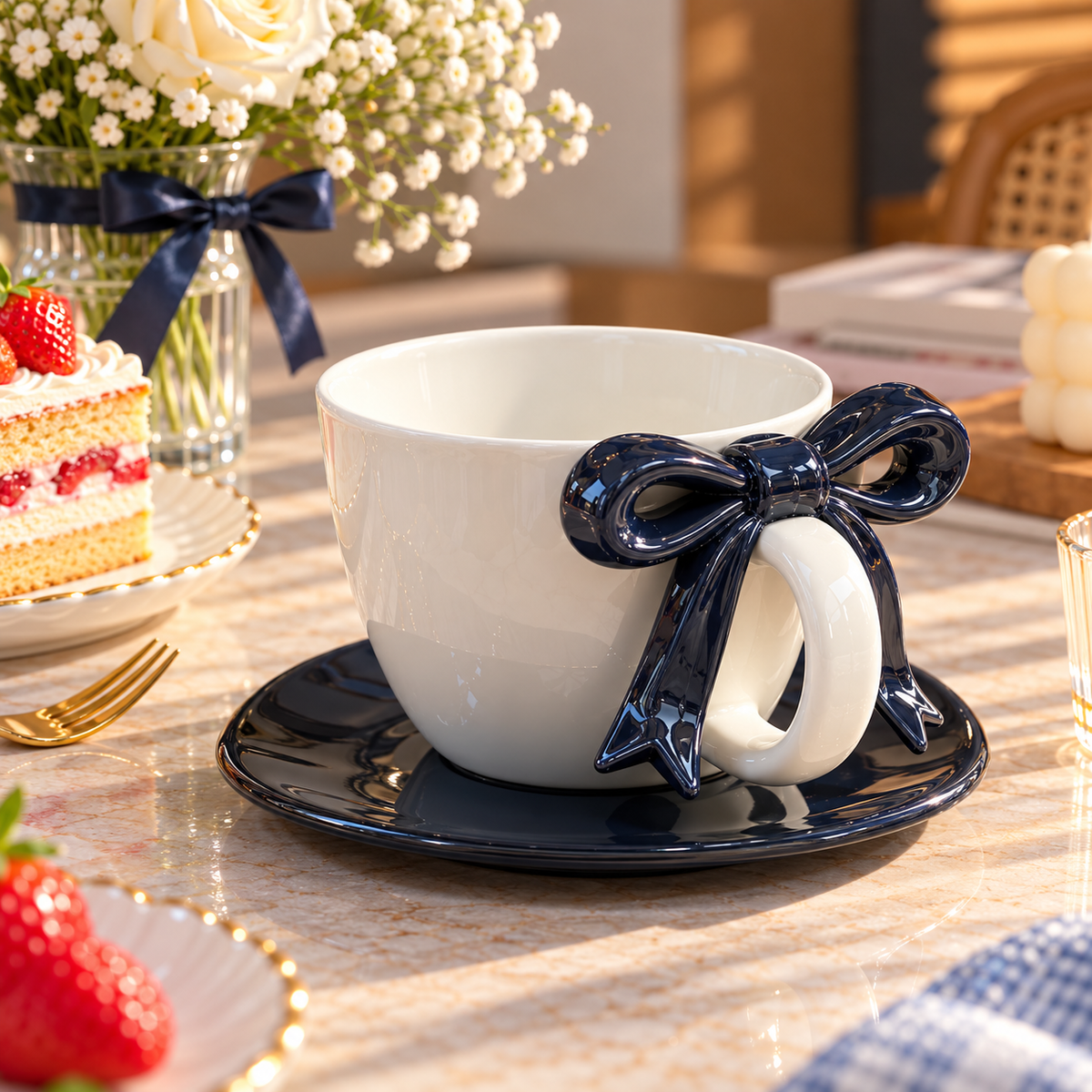 Bow Design Ceramic Tea Cup and Saucer – Available in Different Colours