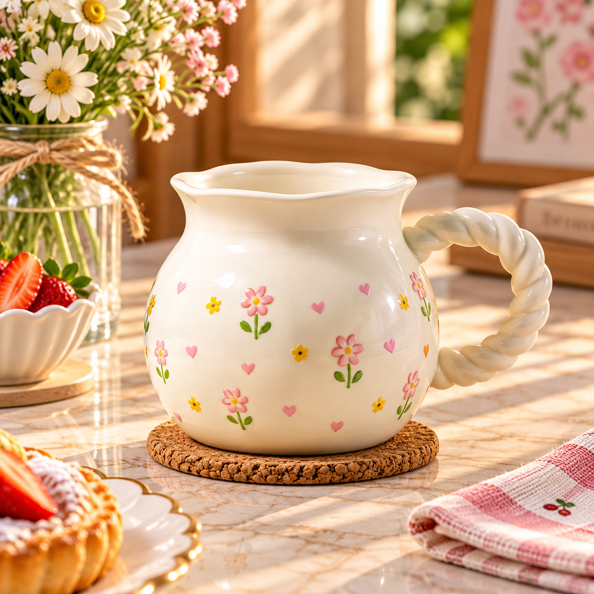 Cute Fruit Print Ceramic Mug with Twisted Handle – Different Designs