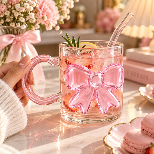 3D Pink Bow Glass Mug with Handle – Aesthetic Coffee Cup