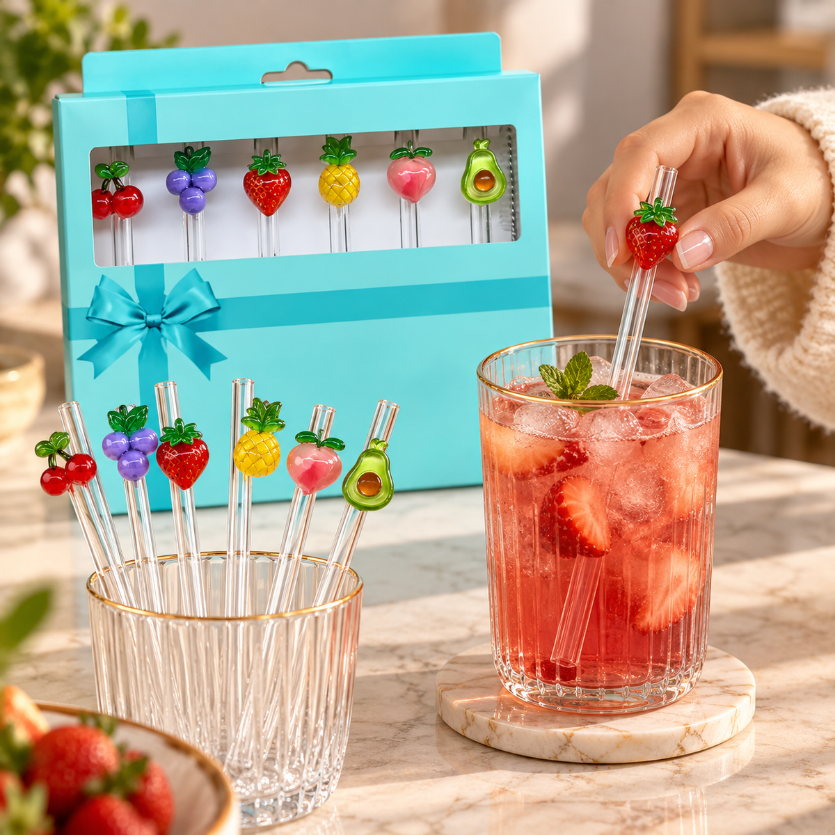 Fruit Shape Drinking Straw Set – 6 Pcs with Gift Box