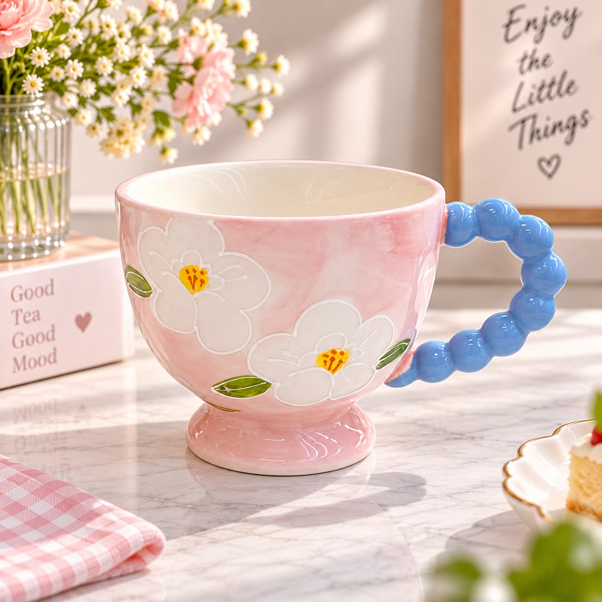 Aesthetic Floral Ceramic Mug with Beaded Handle | Hand Painted