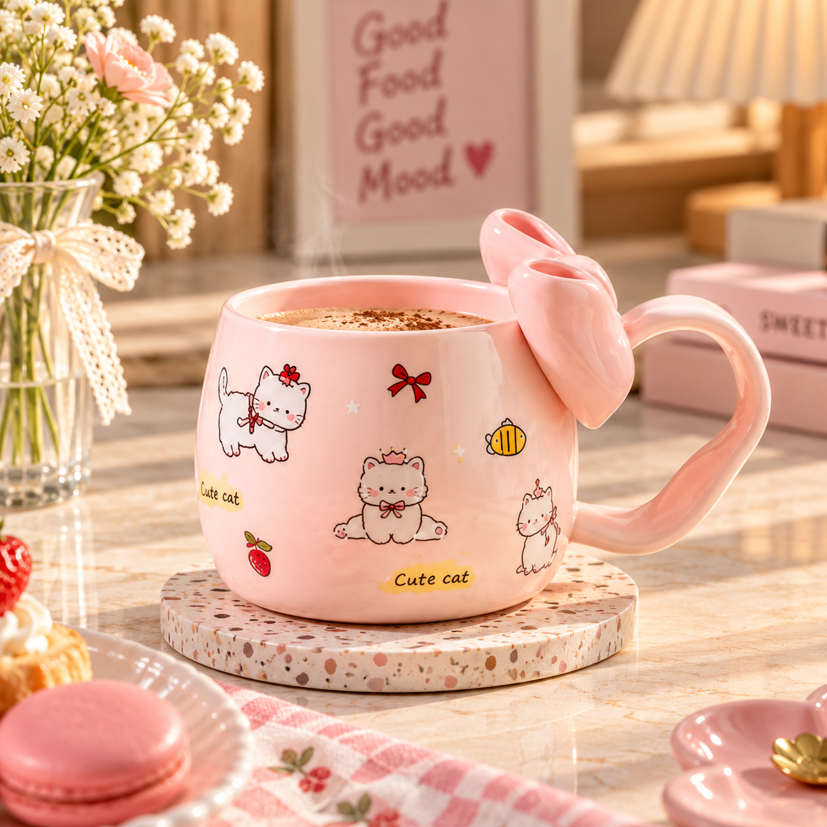 Cute Ceramic Coffee Mug with Bow Handle – Available in Different Colours