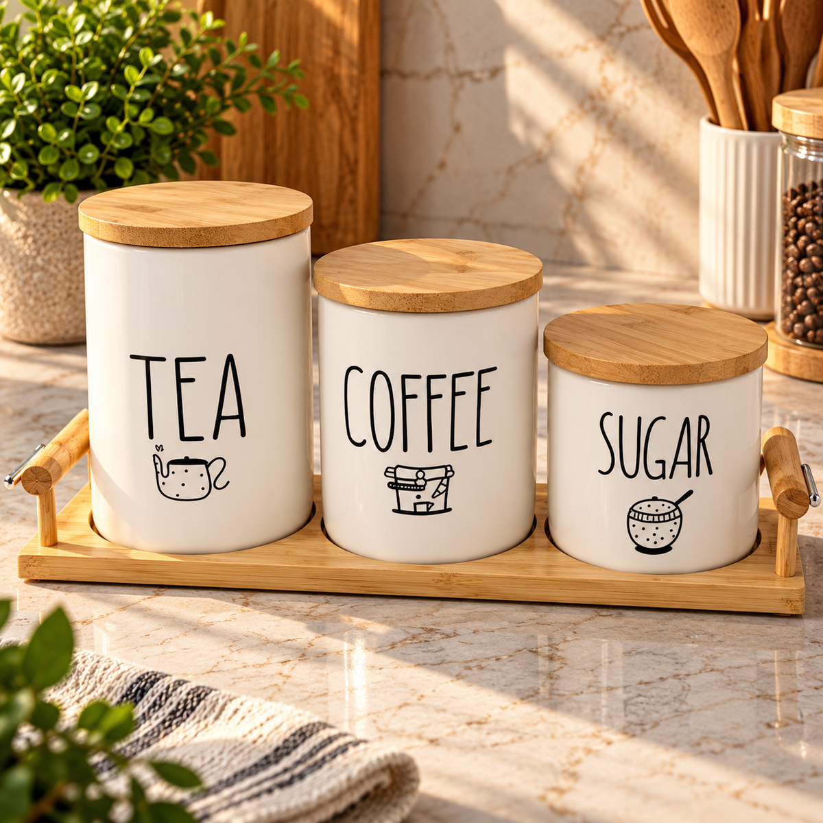 White Ceramic Tea, Coffee & Sugar Canister Set with Wooden Tray (Set of 3)