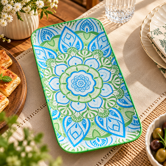 Blue Green Floral Rectangular Serving Platter