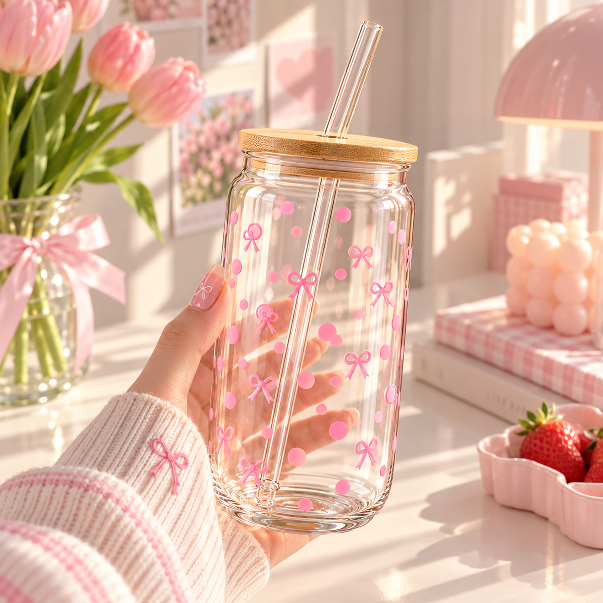 Pink Bow & Dot Glass Tumbler with Lid & Straw