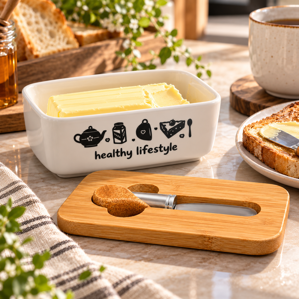 Ceramic Butter Dish with Wooden Lid & Spreader Knife