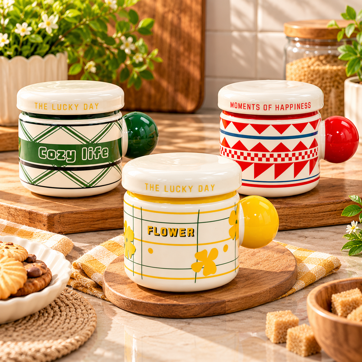 Aesthetic Printed Ceramic Coffee & Tea Mug with Lid | Cozy Life & Flower Designs