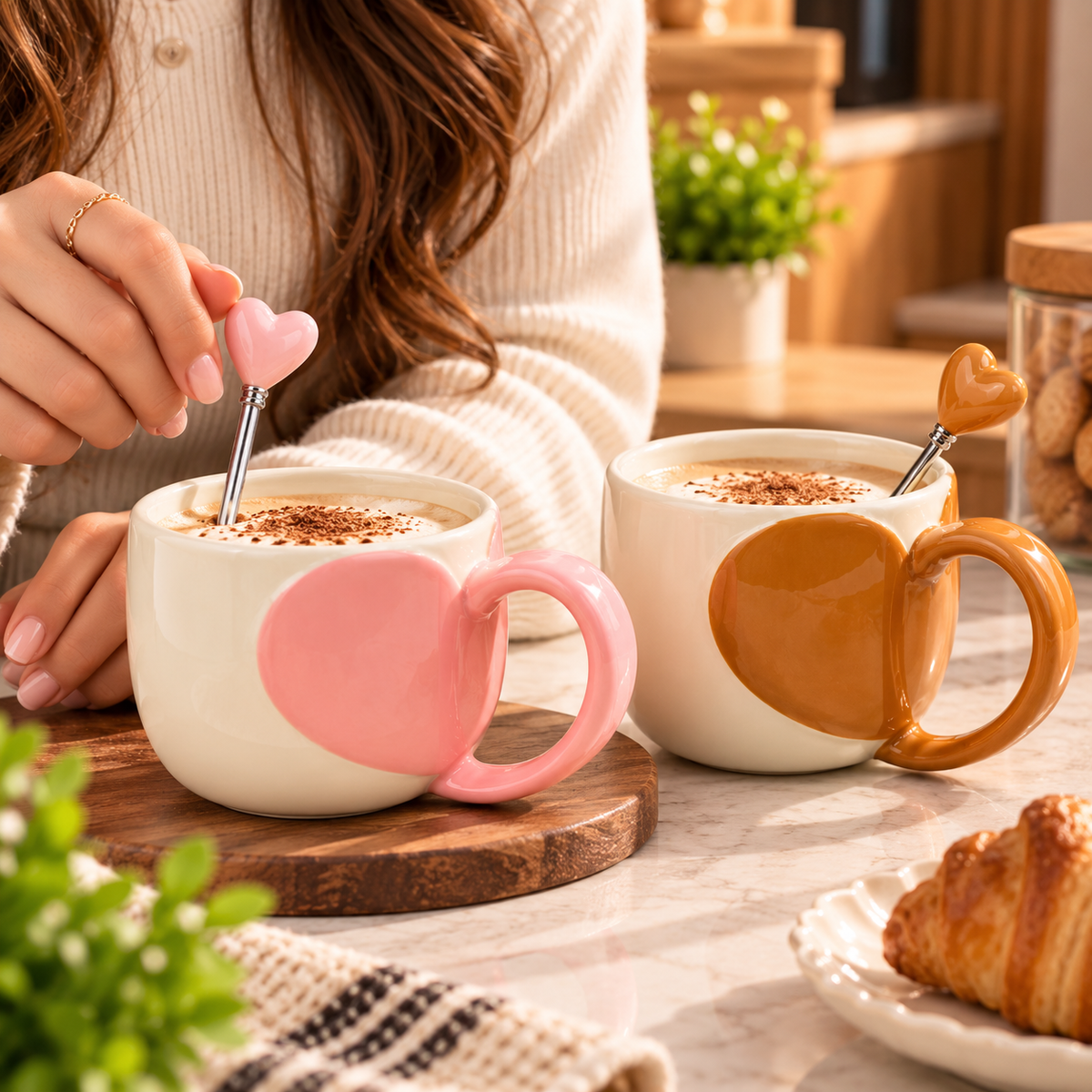 2-Piece Heart Motif Ceramic Coffee & Tea Mug Set with Matching Spoons