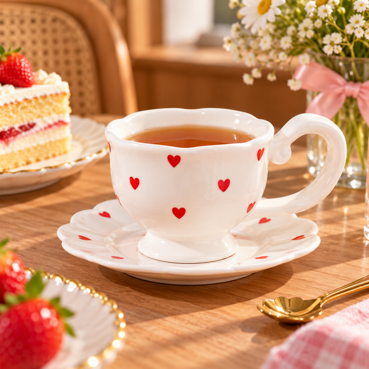 Heart Print Ceramic Tea Cup and Saucer – 250ml, Different Colours