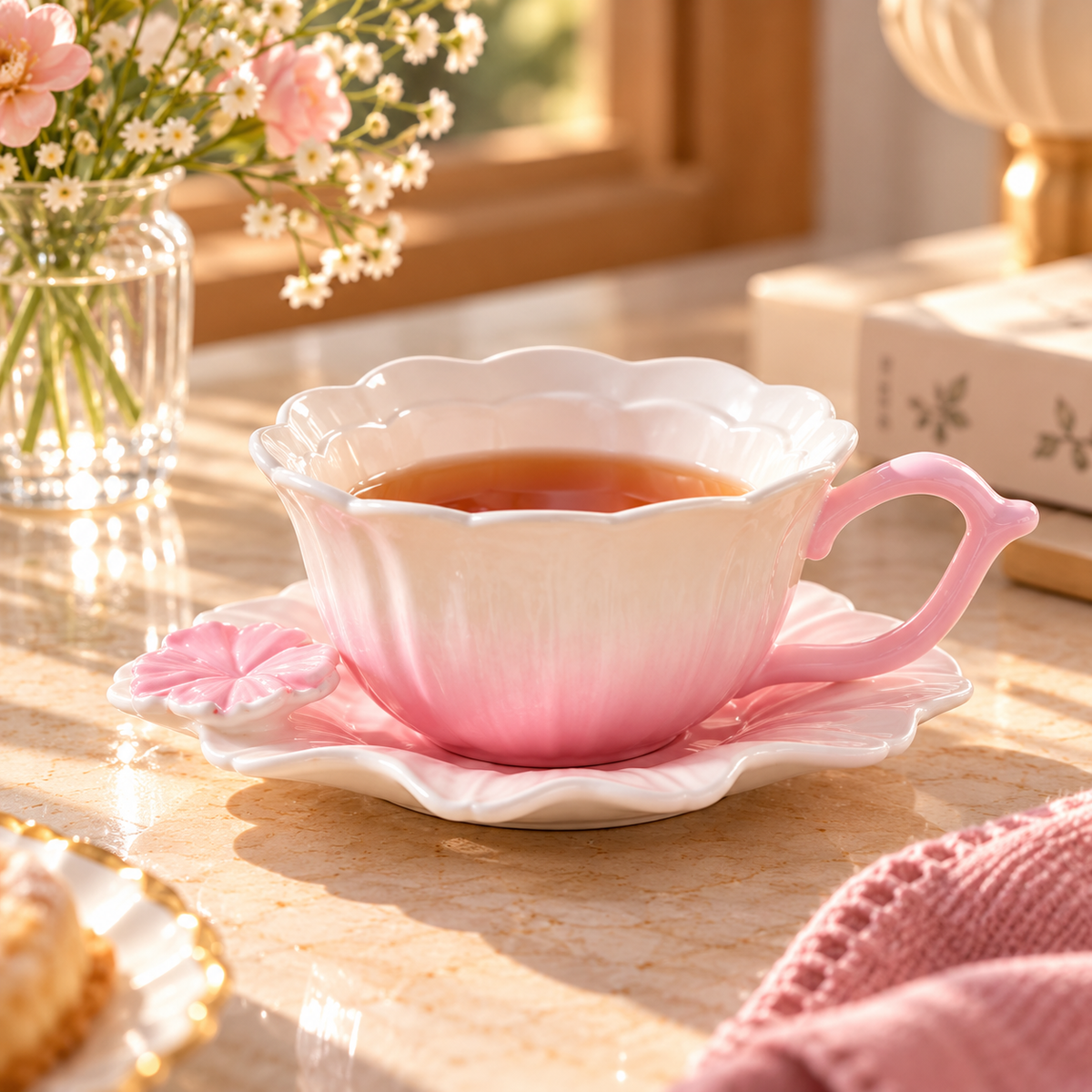 Flower Shaped Ceramic Tea Cup and Saucer – Different Colours | 1cup + 1saucer