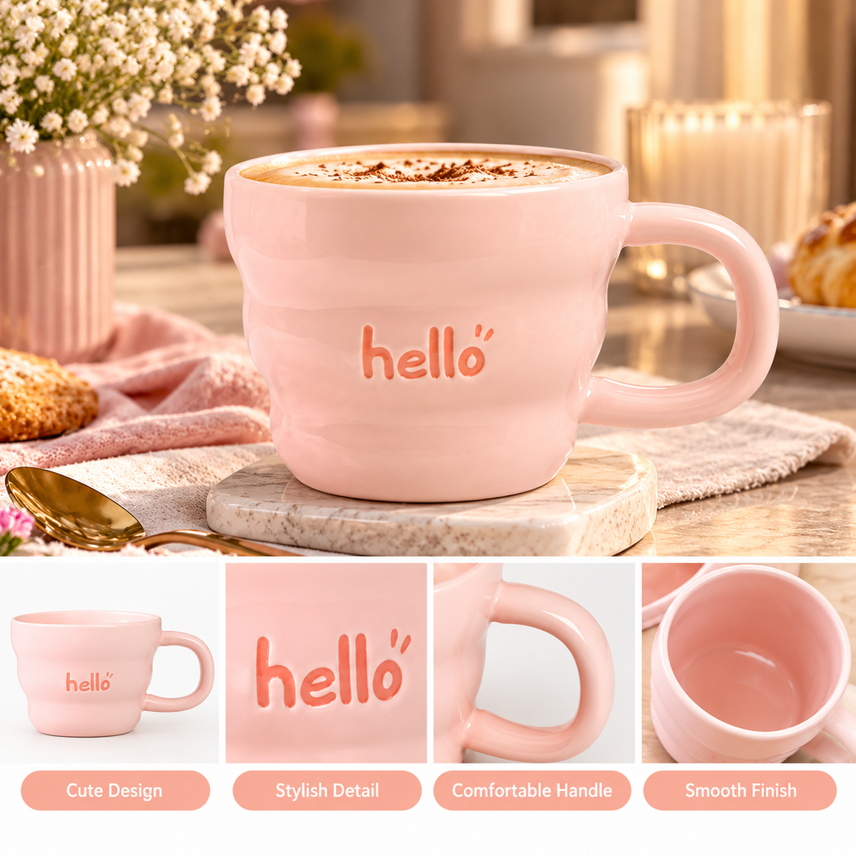 Pastel Colour Coffee Mug – Hello, Relax, Smile & Lucky