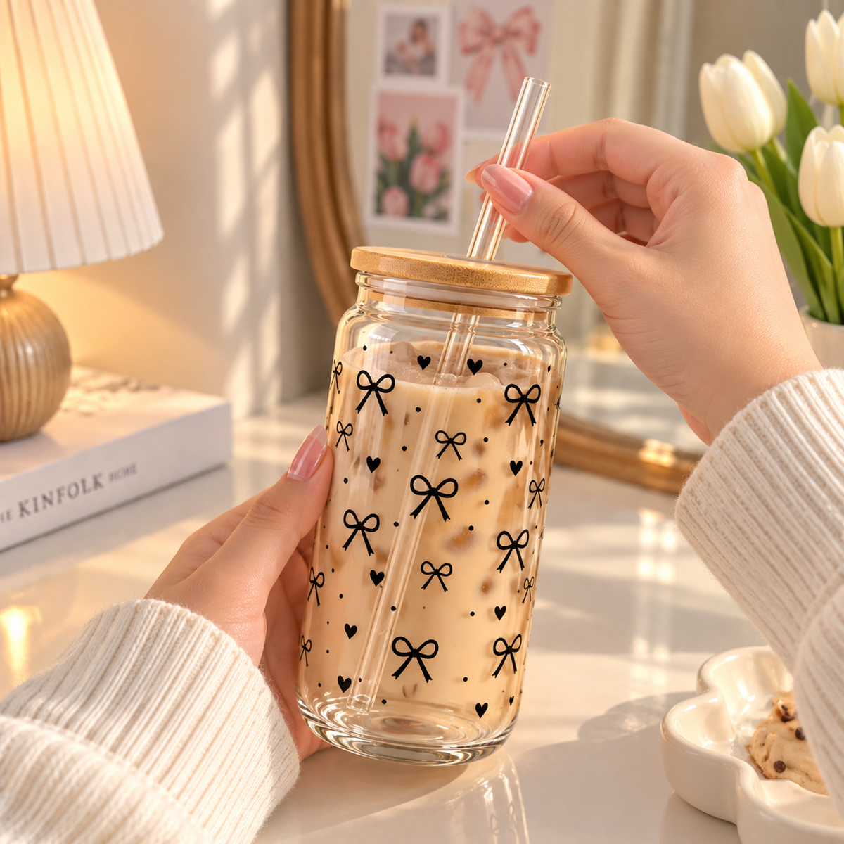 Black Bow & Heart Glass Tumbler with Lid & Straw
