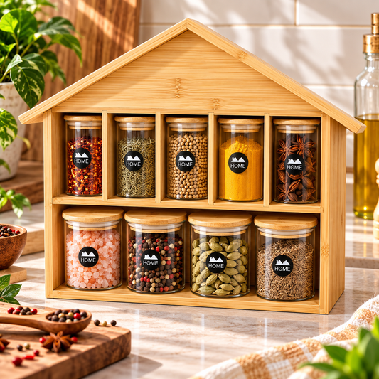 9 Piece Bamboo Spice Jar Set with Wooden Rack – Kitchen Storage Organizer