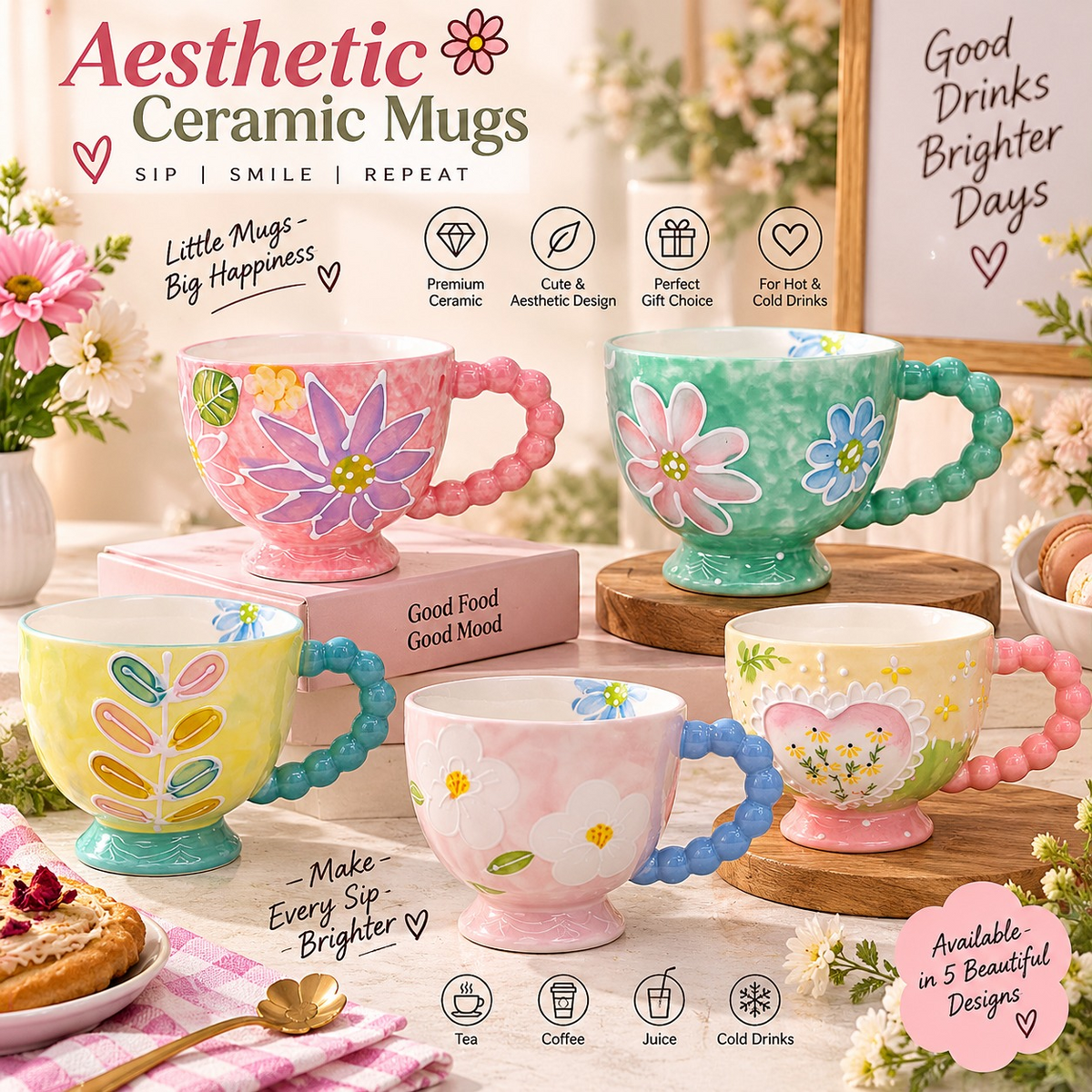 Aesthetic Floral Ceramic Mug with Beaded Handle | Hand Painted