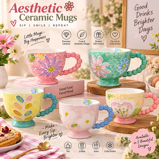Aesthetic Floral Ceramic Mug with Beaded Handle | Hand Painted