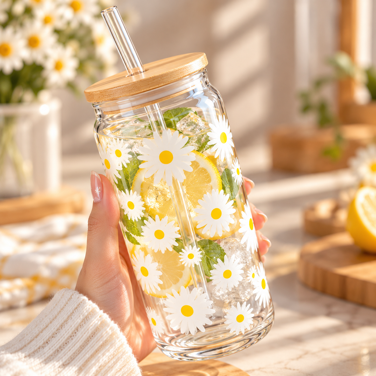 Daisy Flower Glass Tumbler with Lid & Straw