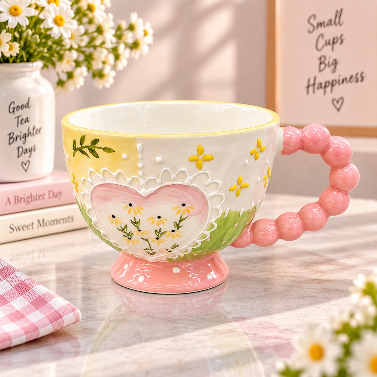 Aesthetic Floral Ceramic Mug with Beaded Handle | Hand Painted