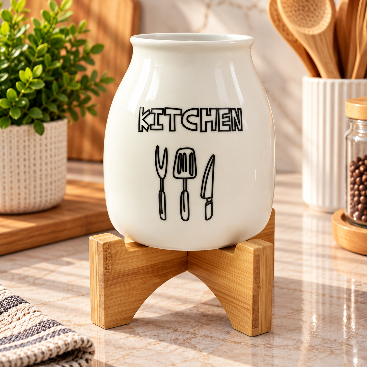 Ceramic Kitchen Utensil Holder with Wooden Stand