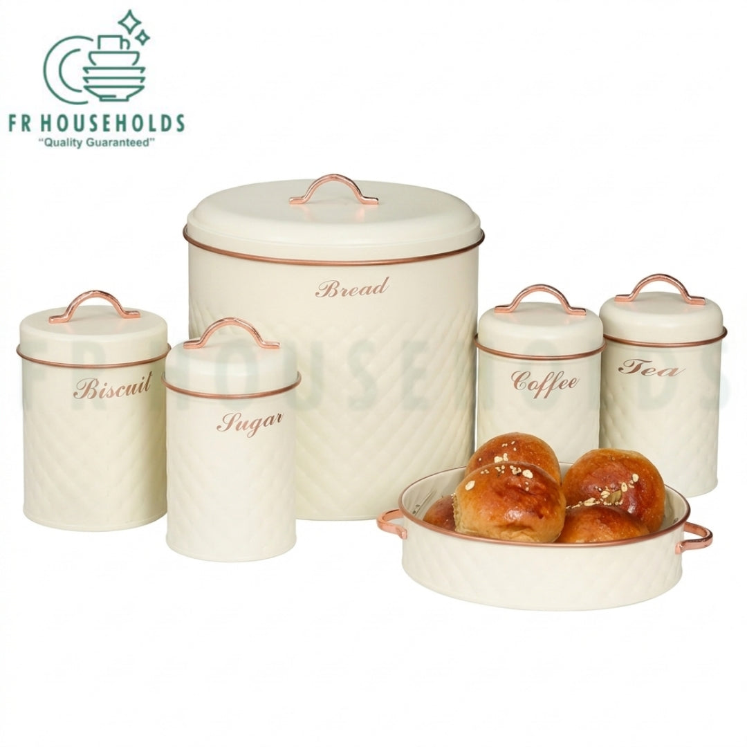 Premium Bread, Biscuit, Tea, Coffee & Sugar Canister Set with Elegant Serving Tray – Kitchen Storage & Organizer | 5pcs Set - White