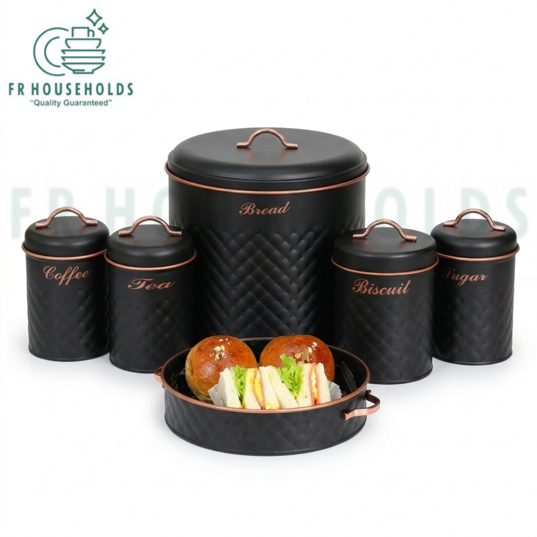 Premium Bread, Biscuit, Tea, Coffee & Sugar Canister Set with Elegant Serving Tray – Kitchen Storage & Organizer | 5pcs Set - Black